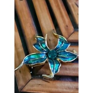 Vintage Enamel Flower Brooch Blue Green Rhinestone Gold Tone Orchid Pin 60s